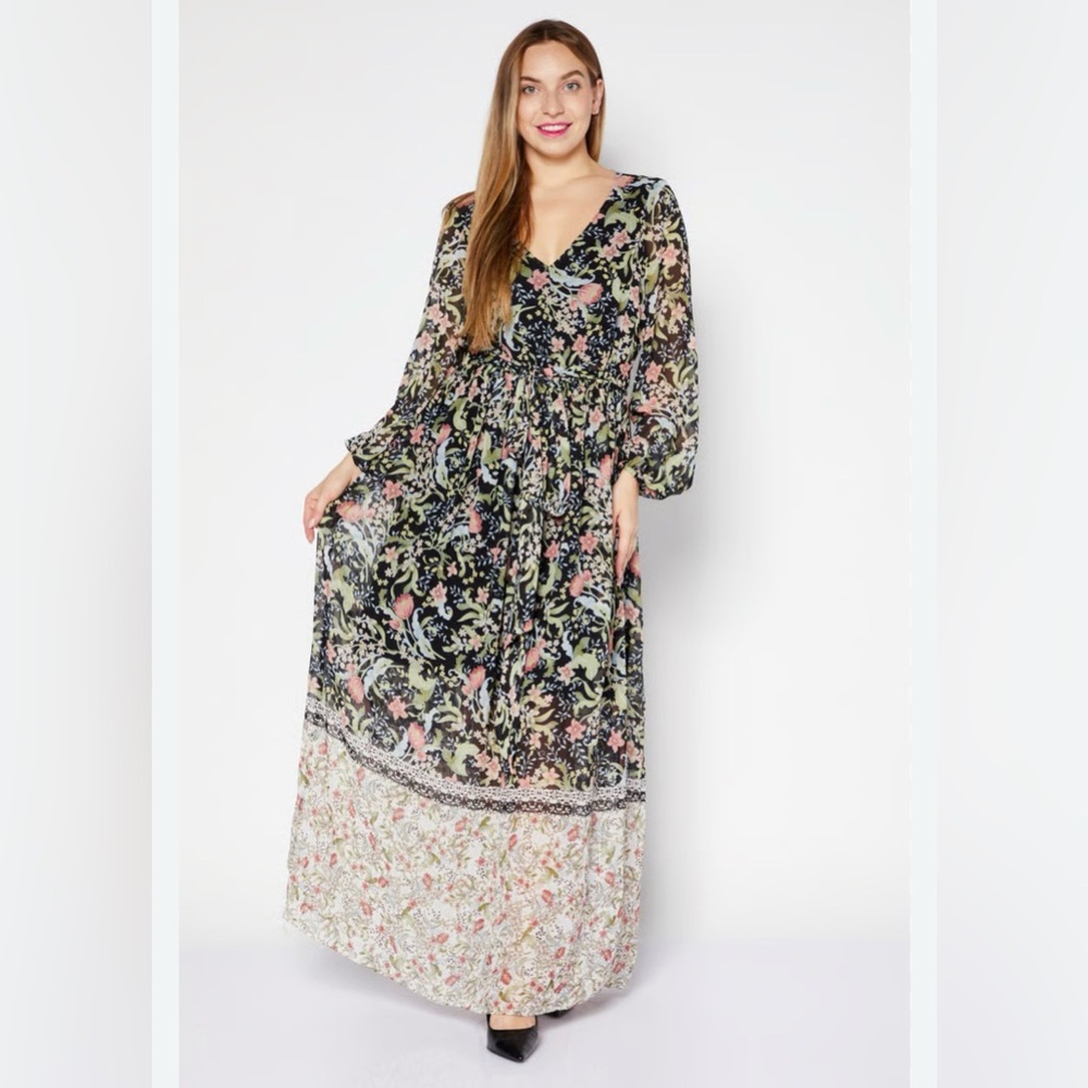 INC International Concepts Floral Print Tie Waist V-Neck Maxi Long Sleeve Dress